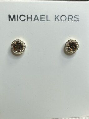 Michael Kors Gold Studs Earrings Halo” pave crystals New! Amber